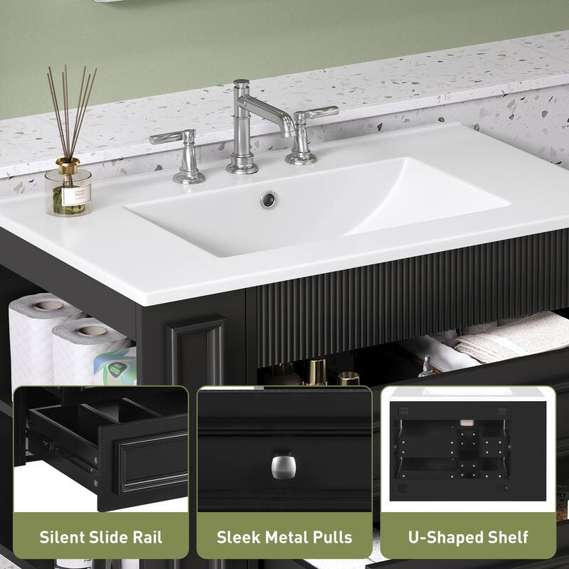 30 Inch Wall Mounted Bathroom Vanity with 2 Drawers and Ceramic Sink