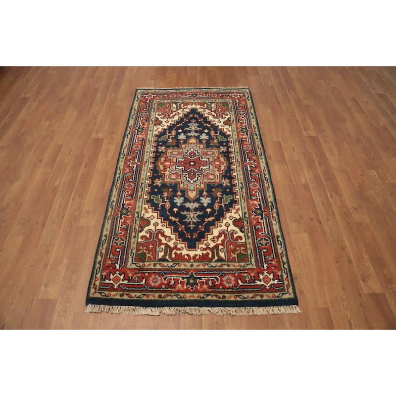 Hand Knotted Oriental 100% Wool Carpet Traditional Medallion Navy Blue & Blues Heriz (serapi) Area Rug - 5' 2'' X 2' 9''