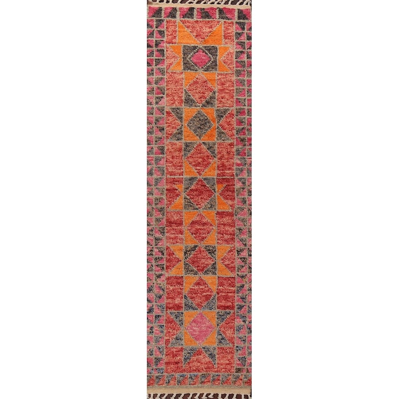 Geometric Moroccan Oriental Runner Rug Wool Handmade Staircase Carpet - 2'8" x 12'7"