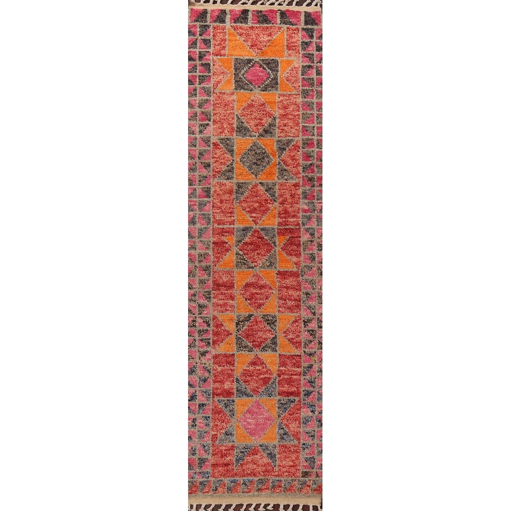 Geometric Moroccan Oriental Runner Rug Wool Handmade Staircase Carpet - 2'8" x 12'7"