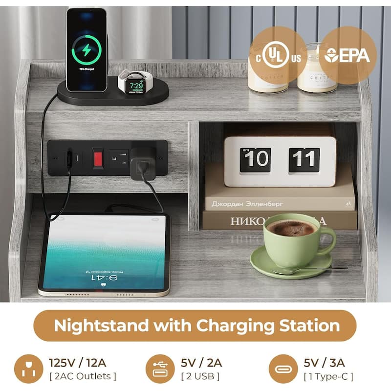 Nightstand with Drawers Charging Station End Side Table with Hutch