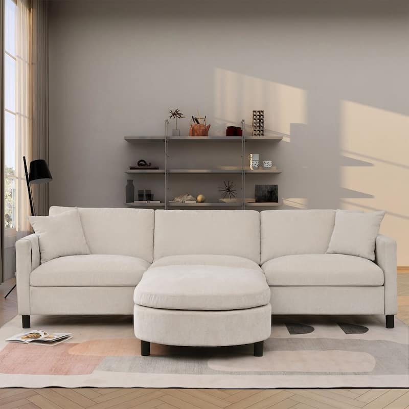 107.87'Sectional Sofa Couch With 1 Ottoman,Seat Cushion and Back Cushion Removable - Beige