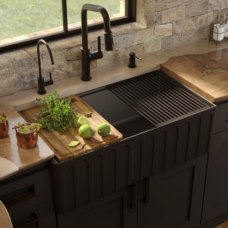 Karran 33" Single Bowl Workstation Fireclay Kitchen Sink with Reversible Fluted Apron Front