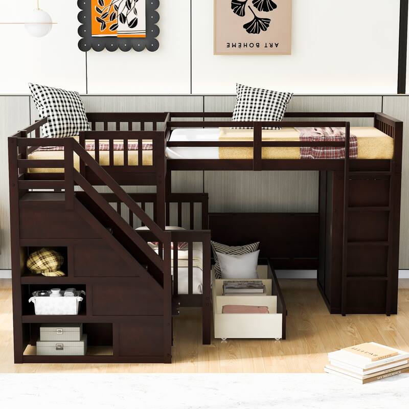L-Shaped Bunk Bed with Storage Stairs, Fold Desk, Wardrobe, Twin - Twin Over Full Bed with Pull-out Underneath Storage Drawers