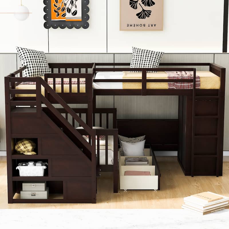 TwinTwin over Full LShaped Bunk Bed with 3 Drawers, Portable Desk and