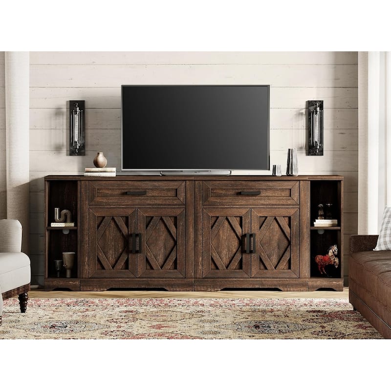 Farmhouse Entertainment Center with Storage Barn Door Cabinet for 50"-130" TVs - 82.7 inches in width - Dark Brown
