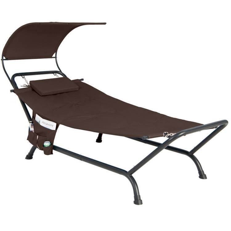 Metal Canopy Hammock Chaise Lounge Chair with Pillow and Stand - 95.5" x 40.5" x 53" - Brown