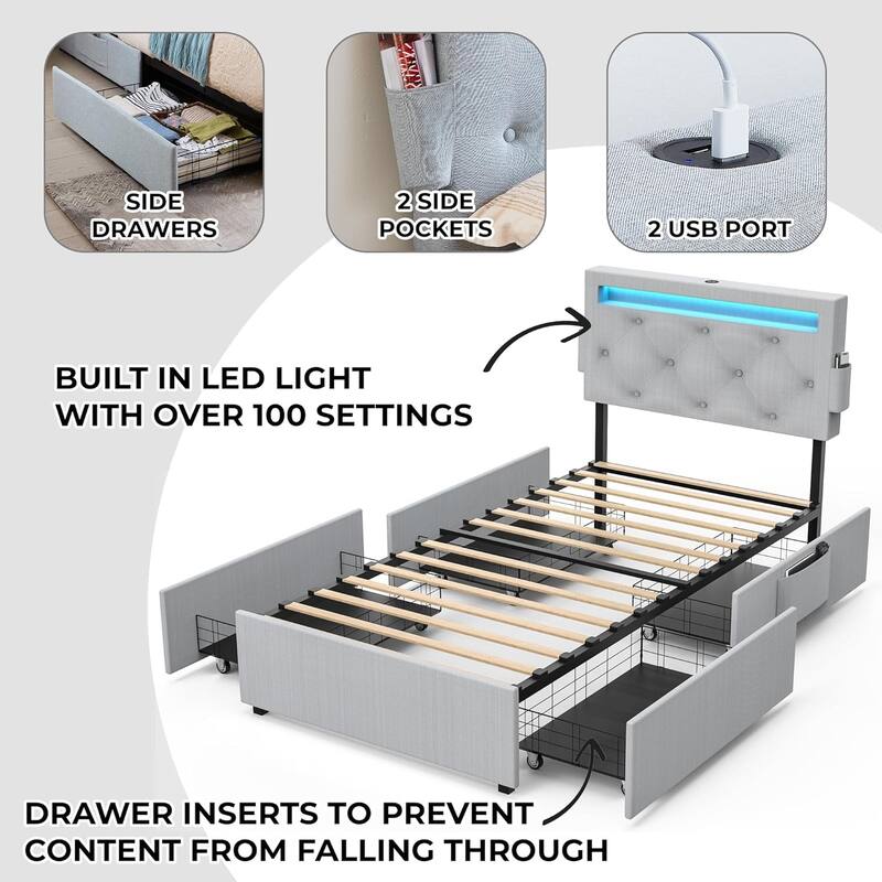 Twin Bed Frame with USB Charging, LED Lights, Headboard & Storage Drawers