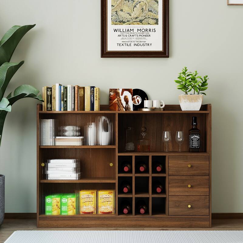 Sideboard With 2 Sliding Striped Glass Doors, Freestanding Countertop Storage Cabinet For Bottles - Walnut
