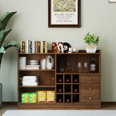 Sideboard With 2 Sliding Striped Glass Doors, Freestanding Countertop Storage Cabinet For Bottles