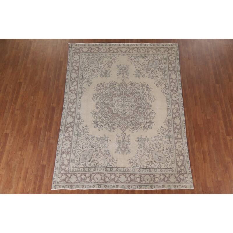 Hand Knotted Oriental 100% Wool Carpet Traditional Floral Beige & Ivories Tabriz Area Rug - 9' 2'' X 6' 9''