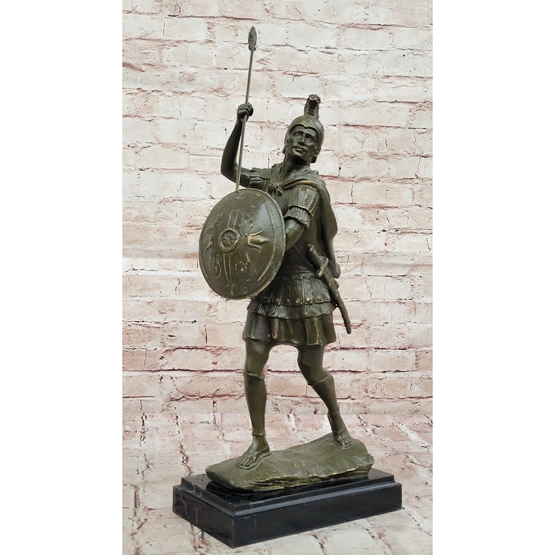 Roman Or Greek Soldier Bronze Sculpture With Spear And Shield On Marble Base