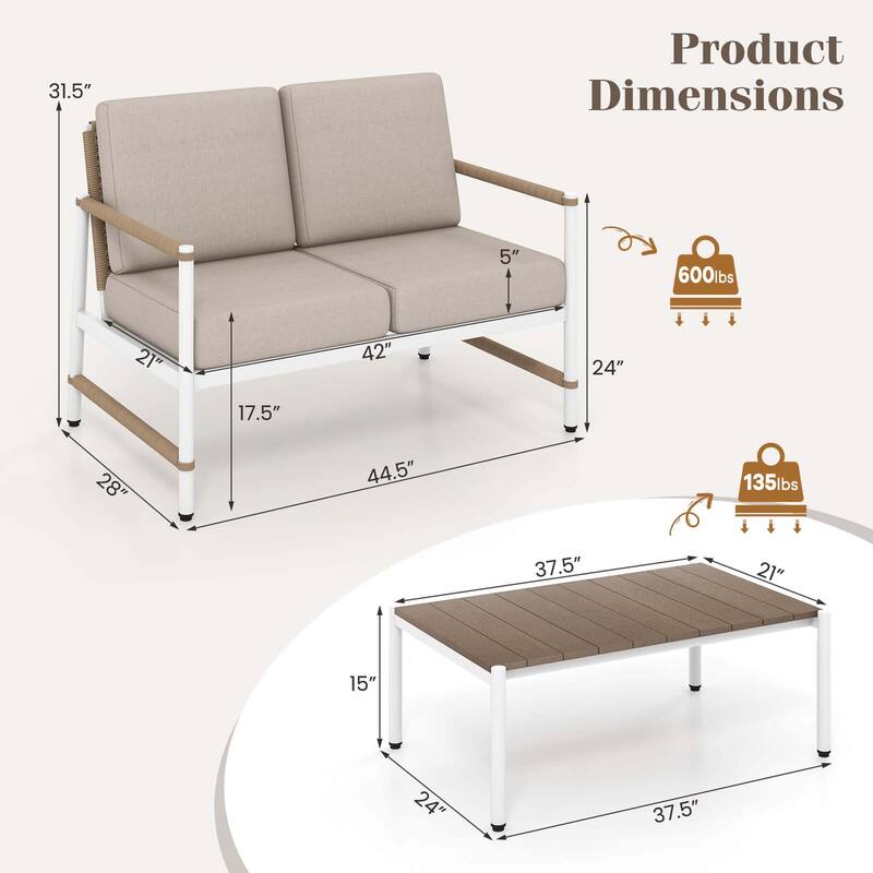 2 PCS Patio Furniture Set Outdoor Loveseat Sofa & Coffee Table Set