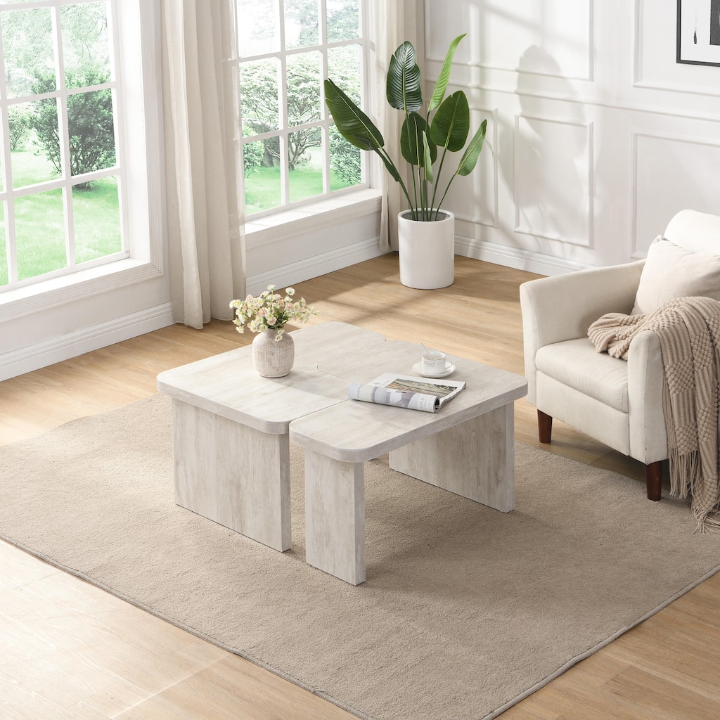 Rectangle Wood Detachable Coffee Table White Washed End Table, Simple Side Table Sofa Table Center Table