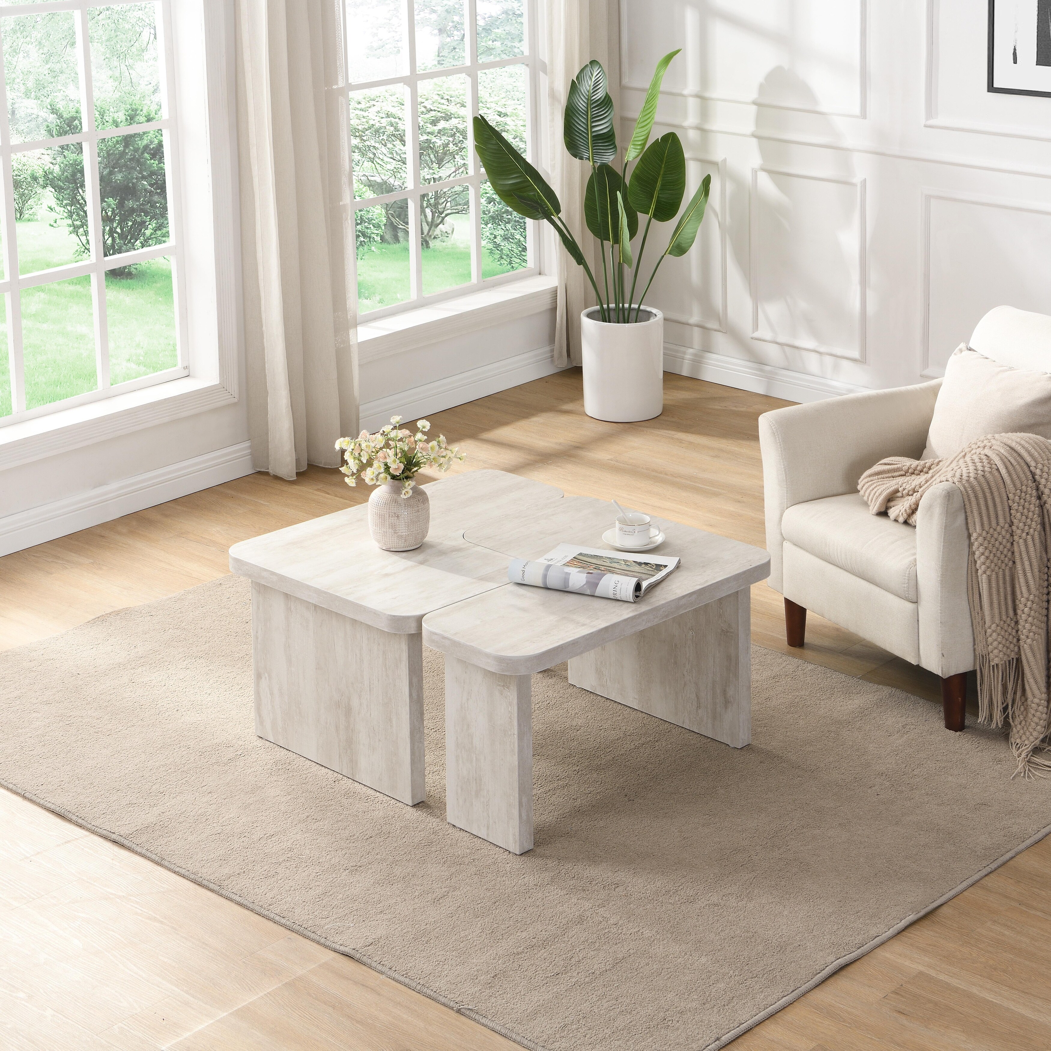 Rectangle Wood Detachable Coffee Table White Washed End Table, Simple Side Table Sofa Table Center Table