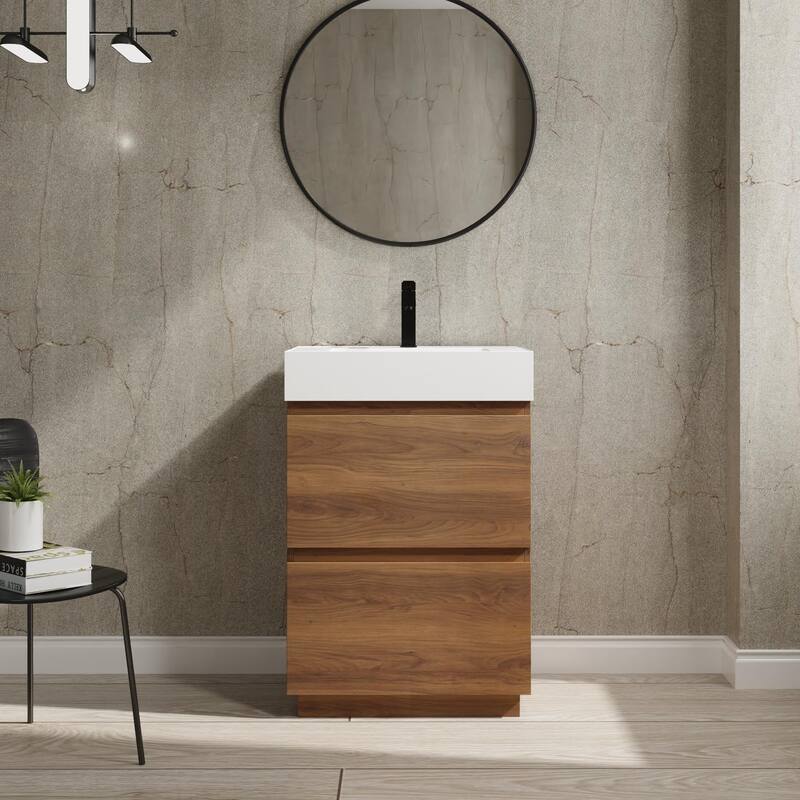 BNK 24/30 inch Freestanding Single Sink Bathroom Vanity with 2 Soft Close Drawers - 24''W - Brown