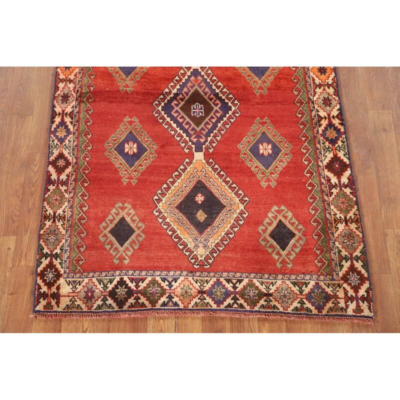Geometric Shiraz Persian Vintage Accent Rug Hand-Knotted Wool Carpet - 3'4" x 4'11"