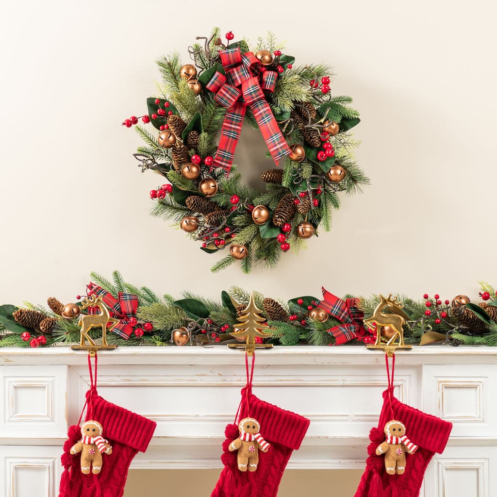 Glitzhome Christmas Bell Pinecone & Berry Bow Wreath Teardrop Garland Wall Decor