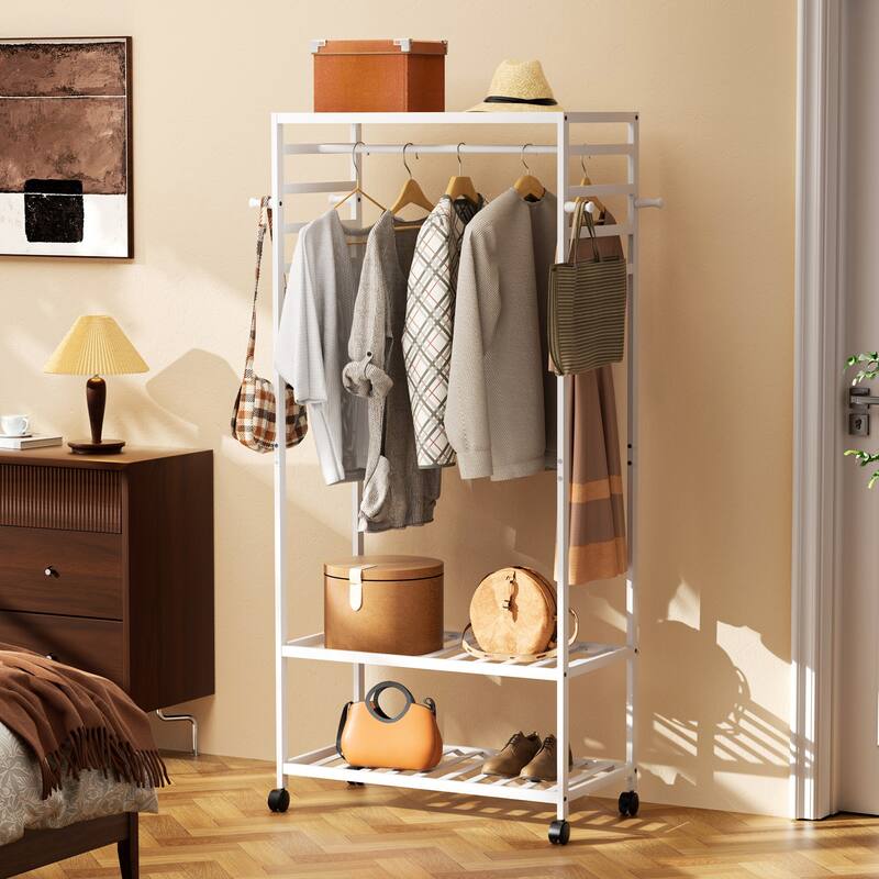 Bamboo Rolling Clothes Rack with Storage Shelves and Hanging Rod - W 30.9" x D 15.75" x H 66.34"