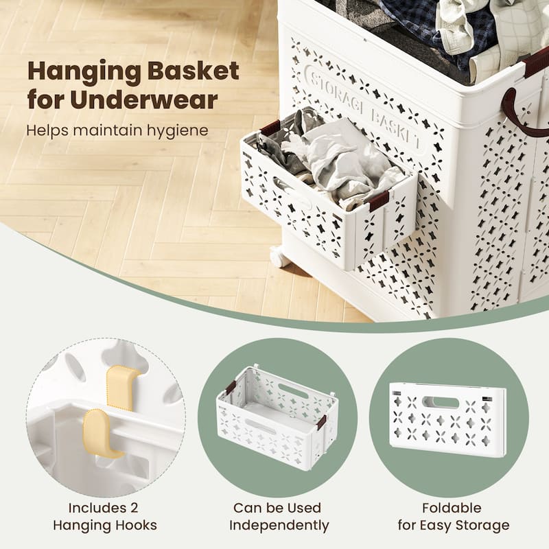 White 20 Gallon Large Capacity Foldable Laundry Clothes Basket with Wheels and Small Hanging Bin - 17" x 13.5" x 24"