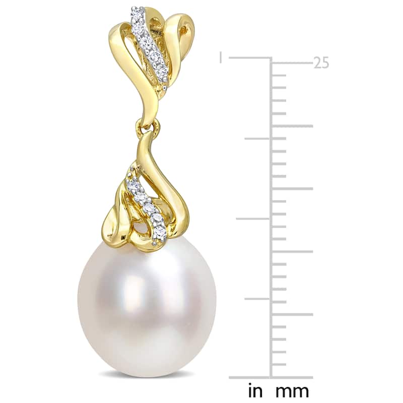 Miadora White South Sea Cultured Pearl and 1/8ct TDW Diamond Dangle Earrings in 14k Yellow Gold