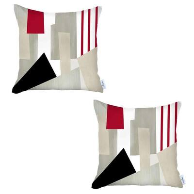 Set Of Two 18" X 18" Gray White Black And Red Abstract Zippered Handmade Polyester Throw Pillow