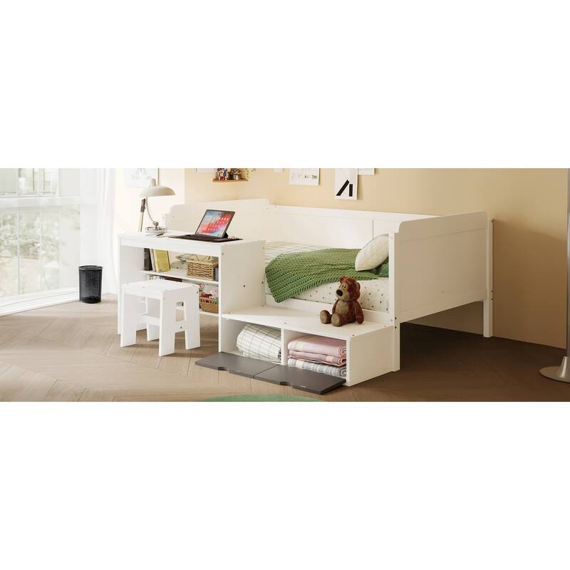 Multi-functional Wooden Daybed with Storage Shelves, Study Desk, Lockers, and Matching Stool