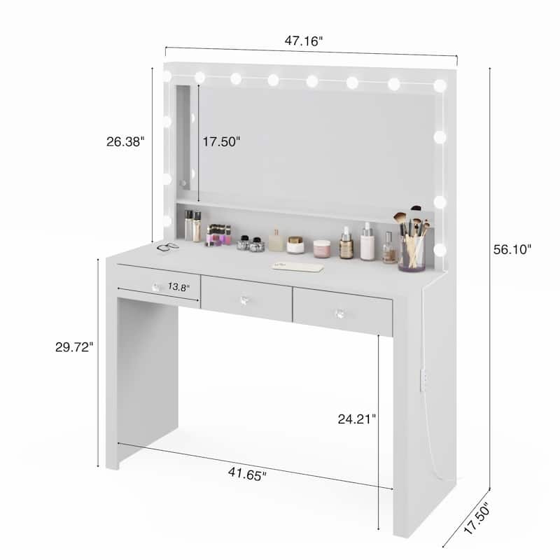 Boahaus Makeup Vanity Table Modern White 3 Drawers Light Bulbs Crystal Knobs