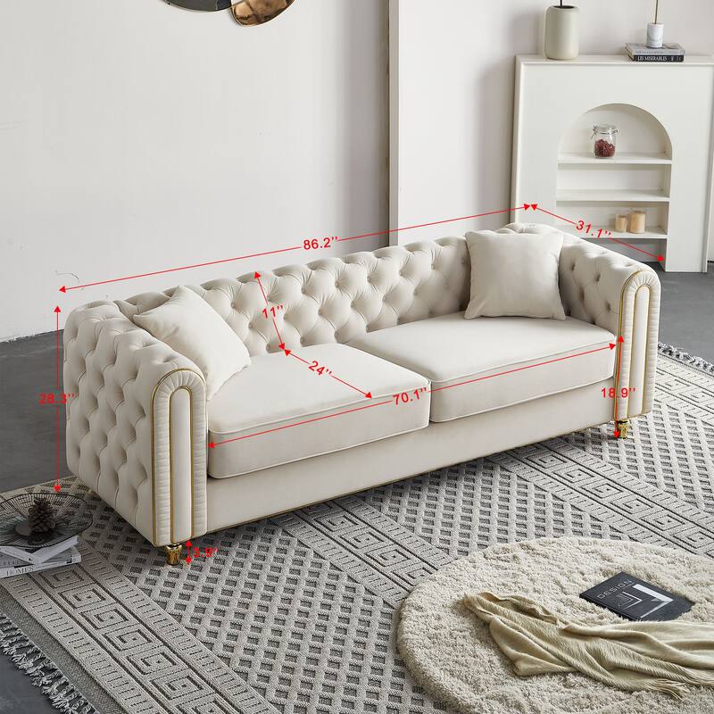 86''Luxury Modern Tufted Sofa With 2pcs Of Toss Pillows For Living Room ,Bedroom,Beige Color
