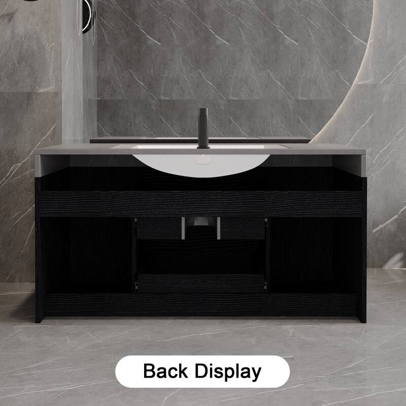 39.4 Inches Single Floating Bathroom Vanity with Faux Marble Top, Ceramic Sink, 2 Multi-layer Solid Wood Drawers & 2 Cabinets