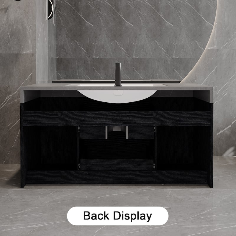 Floating Wall-mounted Bathroom Vanity with Ceramic Sink, Faux Marble Countertop, 2 Cabinets, 2 Drawers and Metal Handles