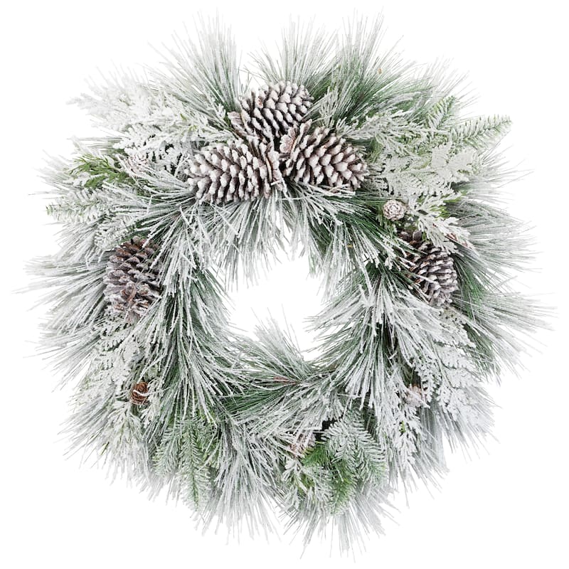 Snowy Long Needle Pine and Pinecone Artificial Christmas Wreath - 26" - Unlit