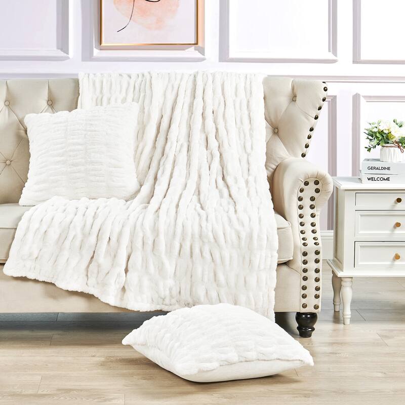 Shar Pei Fauxfur Throw Pillow Shell Combo 3-piece Set - 50"x60" - Cloud Dancer