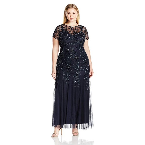 adrianna papell floral beaded godet gown with sheer short sleeves