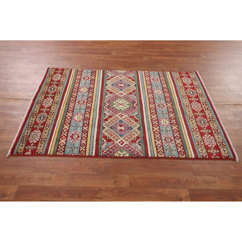 Geometric Kazak Accent Rug Handmade Multi-Color Wool Carpet - 3'4" x 5'0"