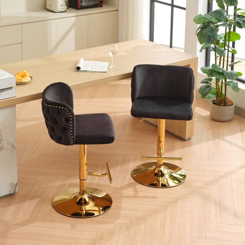 Swivel Barstools Adjusatble Seat Height With Gold-plating Base, Classic Velvet Upholstered Bar Stools with the whole Back Tufted