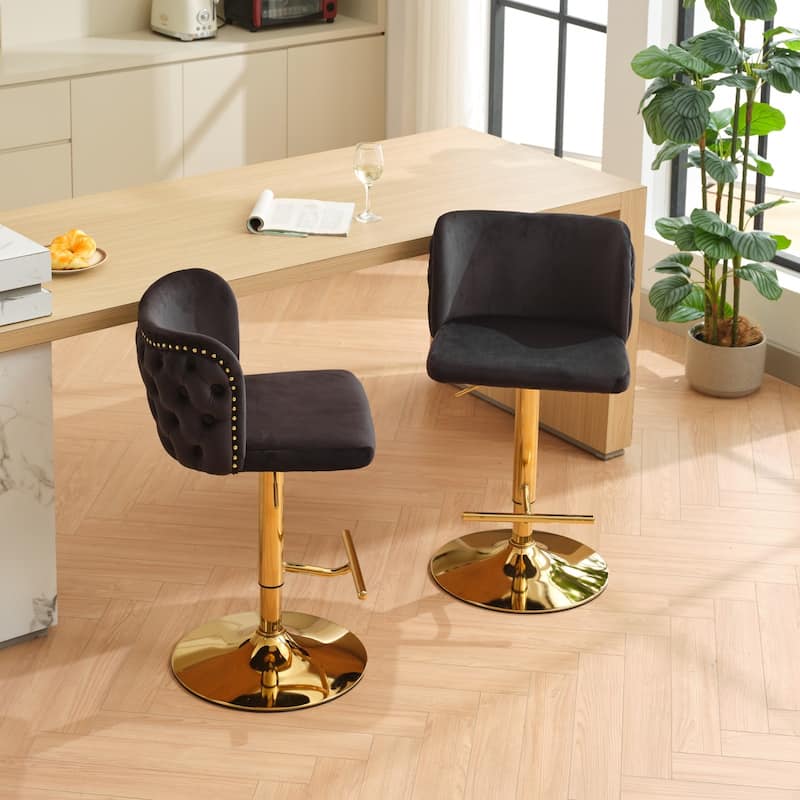 Swivel Barstools Adjusatble Seat Height With Gold-plating Base, Upholstered Bar Stools with the whole Back Tufted, Set of 2