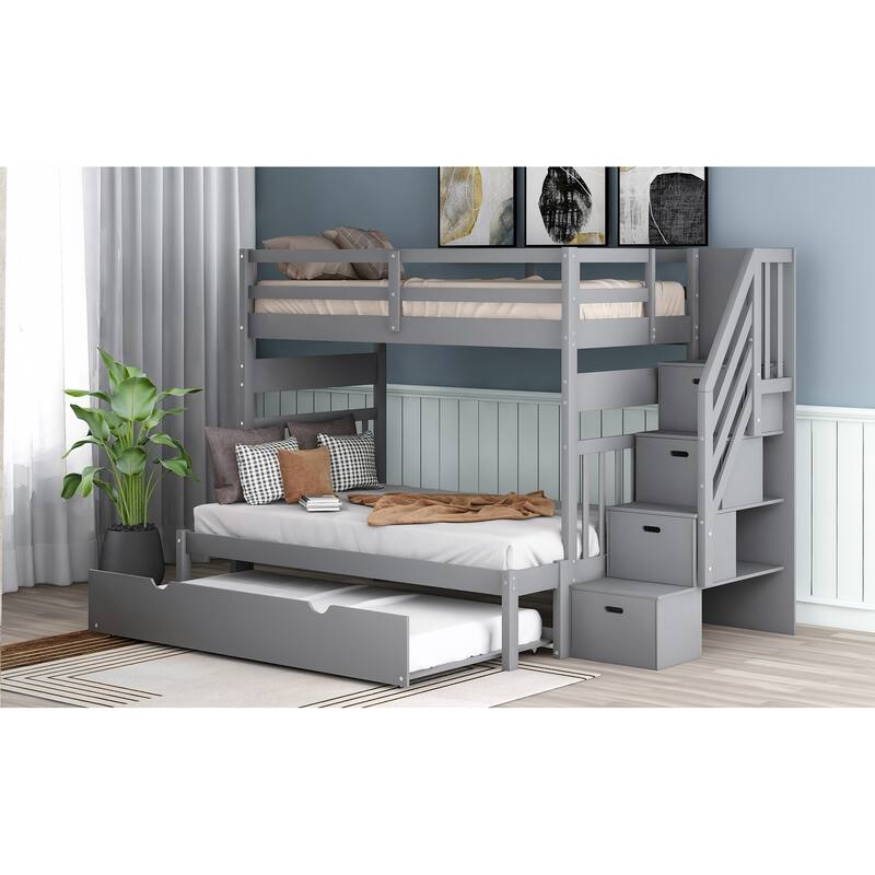 Space-Saving Twin Over Twin/Full Bunk Bed with Twin Trundle, Adjustable Stairs, Safe Guardrails, Solid Pine Wood