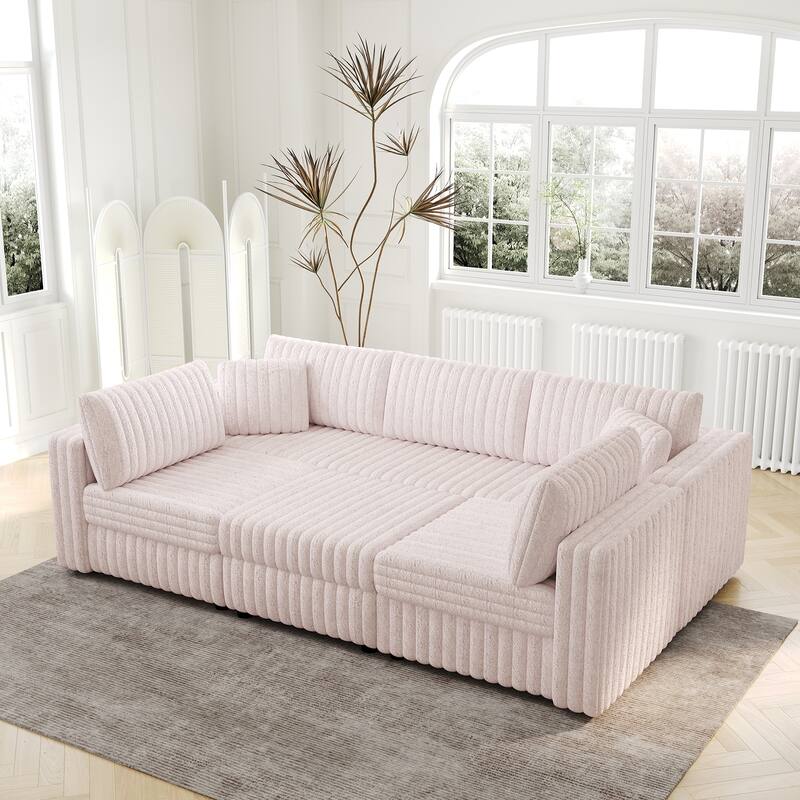 106.3" Soft U-shaped 6-Person Sofa with 30.7" Hydraulic Lift Ottoman, Light Pink, Modular Design