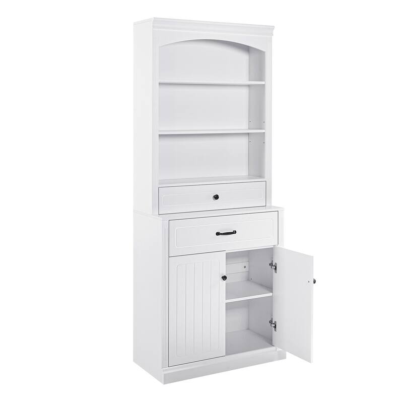 White Bathroom Storage Cabinet with Four Doors, Drawers, Adjustable Shelf & Six Open Shelves - Durable MDF Construction, Combo