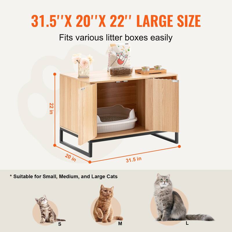 22-Inch Natural MDF Hidden Cat Litter Box Enclosure Furniture with 2 Doors and Convenient Shovel Hook
