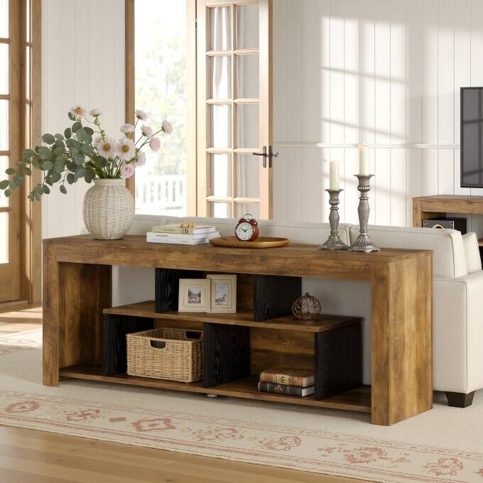 63" Rustic Wooden Console Sofa Table, Long Entryway Table with Storage