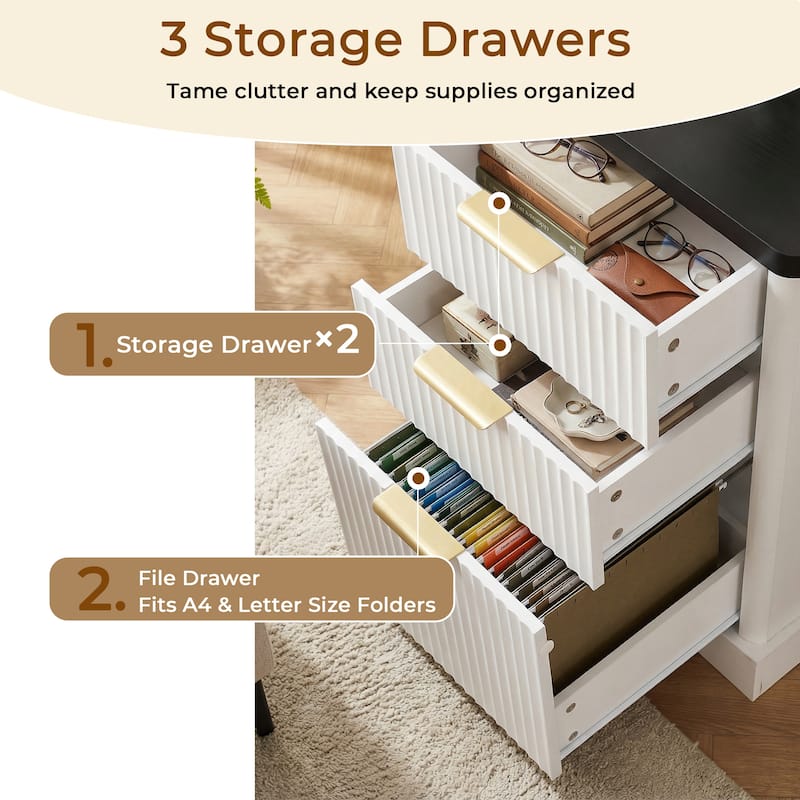 Executive L Shaped Desk Home Office Desk with Charging Station, Corner Computer Desk with Monitor Stand, Drawer, Storage Cabinet