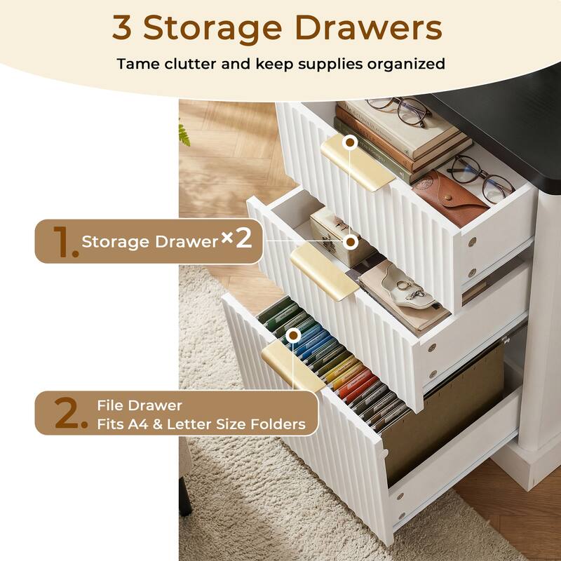 Roomfitters 59" Modern Fluted L-Shaped Desk with Charging Station, Monitor Stand & File Drawer