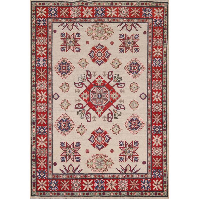 Beige / Ivory Geometric Kazak Rug Hand-Knotted Wool Carpet - 5'2" x 6'9"