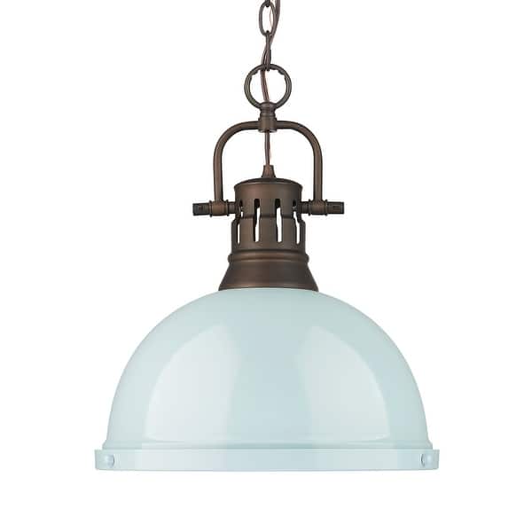 slide 1 of 1, Yep by Golden Lighting Duncan 1-light 14in Chain Hung Pendant in Rubbed Bronze and Seafoam shade