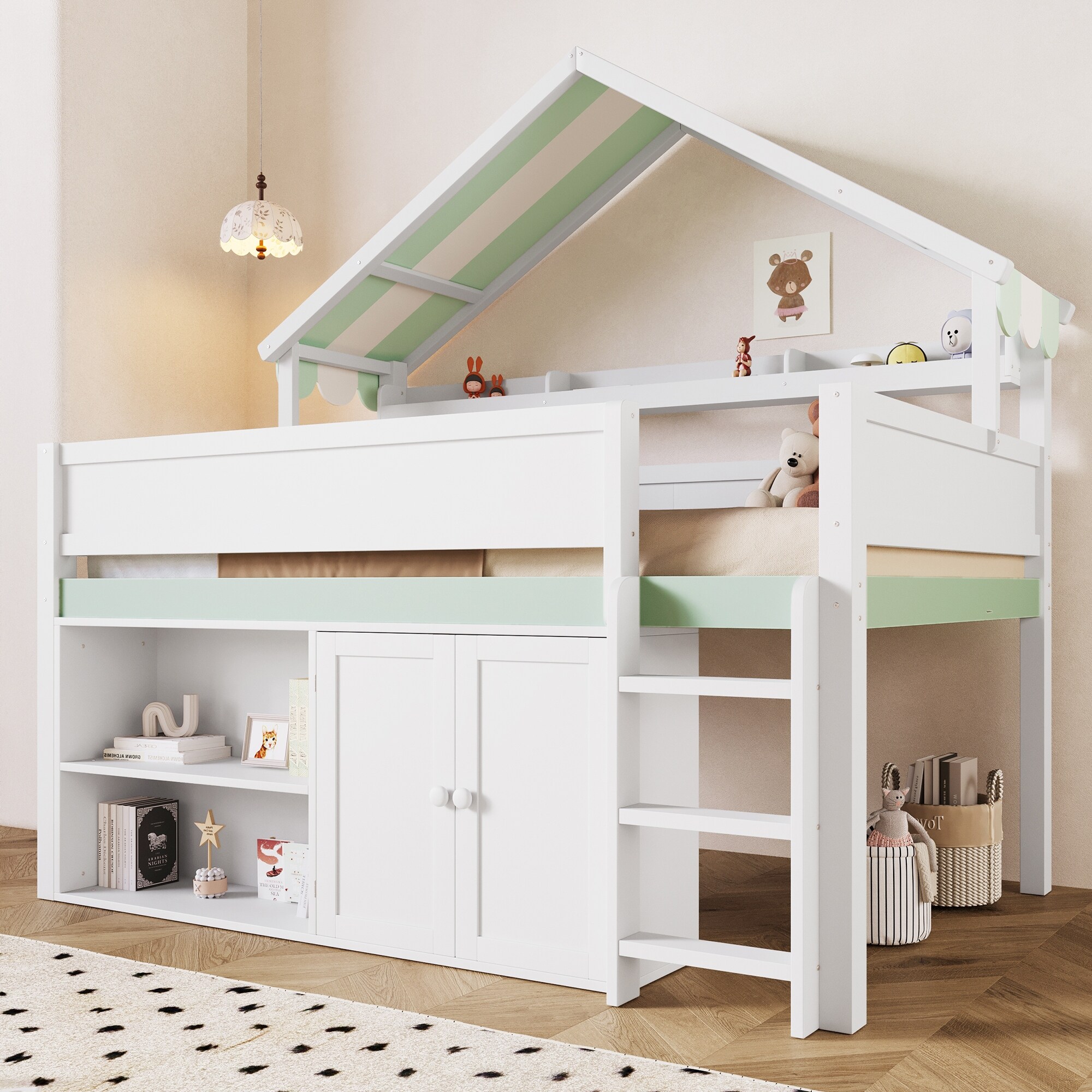 GDFStudio - Modern Wooden Loft Bed with Canopy Roof and Storage Cabinet