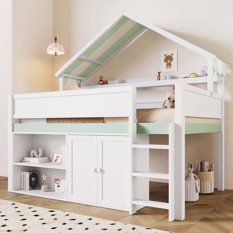 Roomfitters Full Size Loft Bed with House Canopy Roof and Storage Cabinet - White+Green - Full