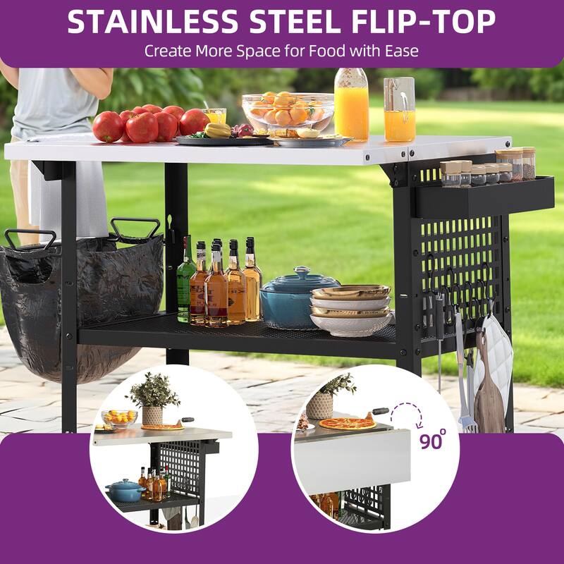 Moasis Outdoor 2 Tiers Stainless Steel Top Grill Cart Table with Drop Leaf and Wheels
