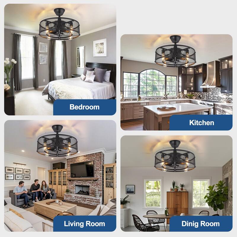 20-26" Caged outdoor Ceiling Fan with Light: Remote App Control-Farmhouse Fandelier Flush Mount Fixture Reversible 6 Speed Timer